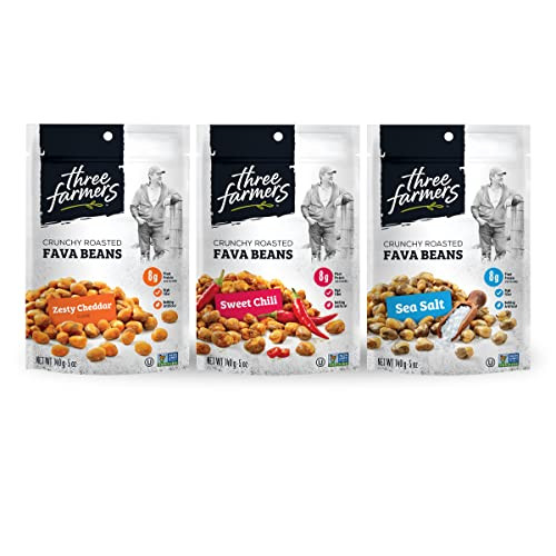 Three Farmers – Roasted Fava Beans Variety Pack | Zesty Cheddar, Sweet Chili & Sea Salt | 3 Pack – 140g | Gluten-Free | Vegan | Kosher | Plant Protein | High Fibre | Low Fat | Non-GMO Certified | Amazon (US)