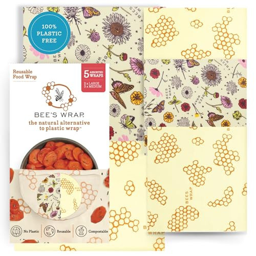 Bee's Wrap Beeswax Wraps for Food - Pack of 5 Assorted Wraps - 3 Medium & 2 Large Food Storage Bags - Meadow Magic & Honeycomb - Plastic Free Made in USA Reusable Kitchen Storage Bags | Amazon (US)