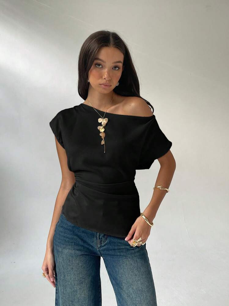Aloruh Women's Solid Color Oblique Shoulder Blouse, Fashionable For Summer | SHEIN