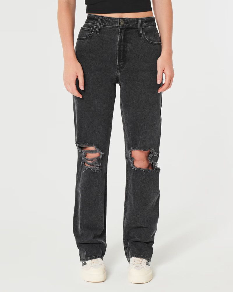 Ultra High-Rise Ripped Washed Black Dad Jeans | Hollister (US)