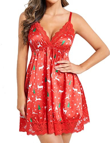 Avidlove Women Christmas Nightie Satin Lingerie Babydoll Sexy Santa Nightgown Christmas Print M | Amazon (US)