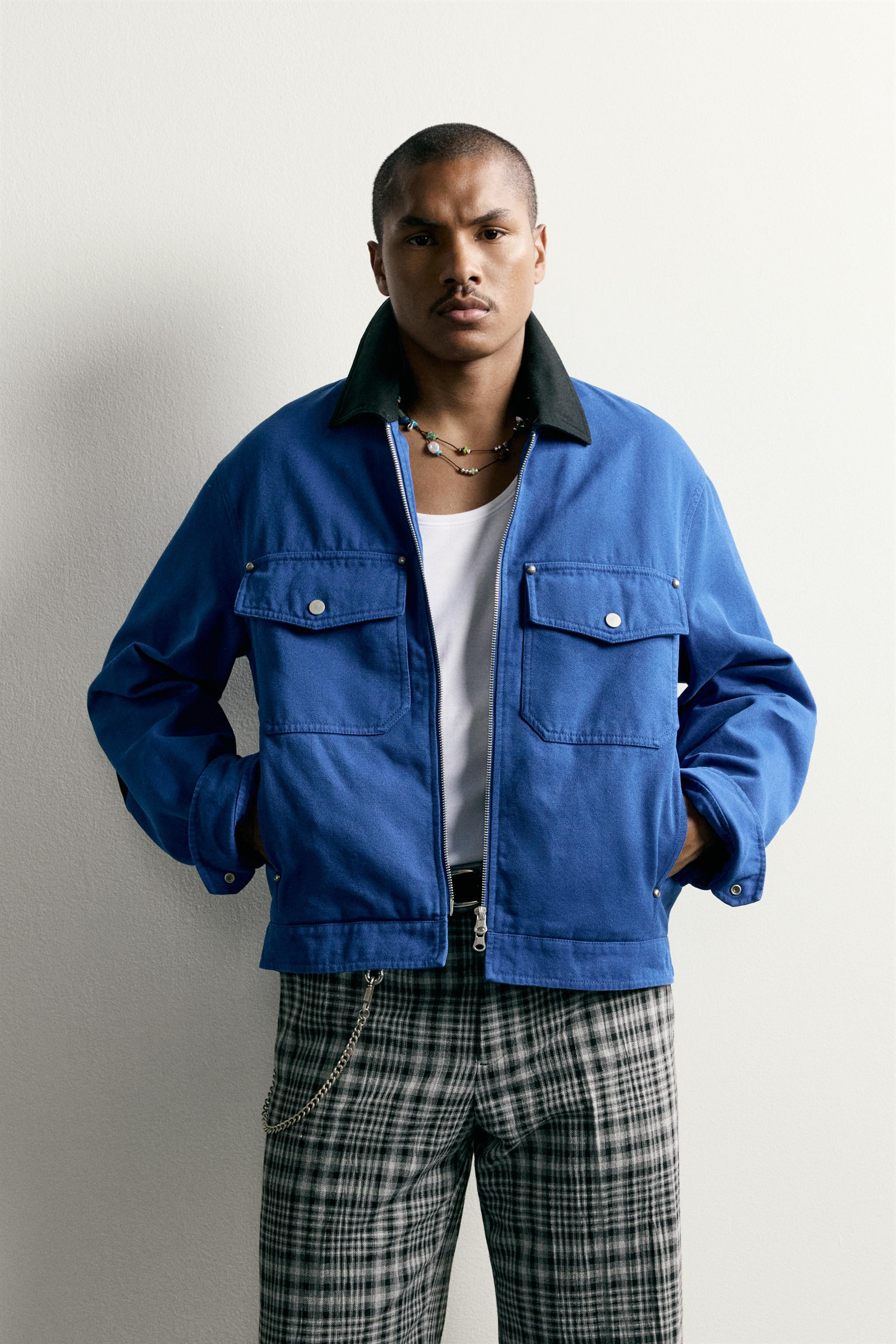 Cropped fit jacket made of cotton fabric (excluding lining). Contrasting lapel collar and long sl... | Zara US