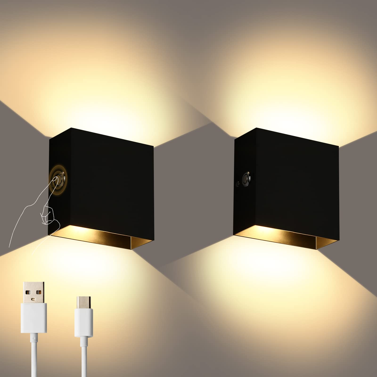 Lightess LED Wall Sconce Battery Powered Set of 2, Touch Control Dimmable Wall Lamp Rechargeable ... | Amazon (US)