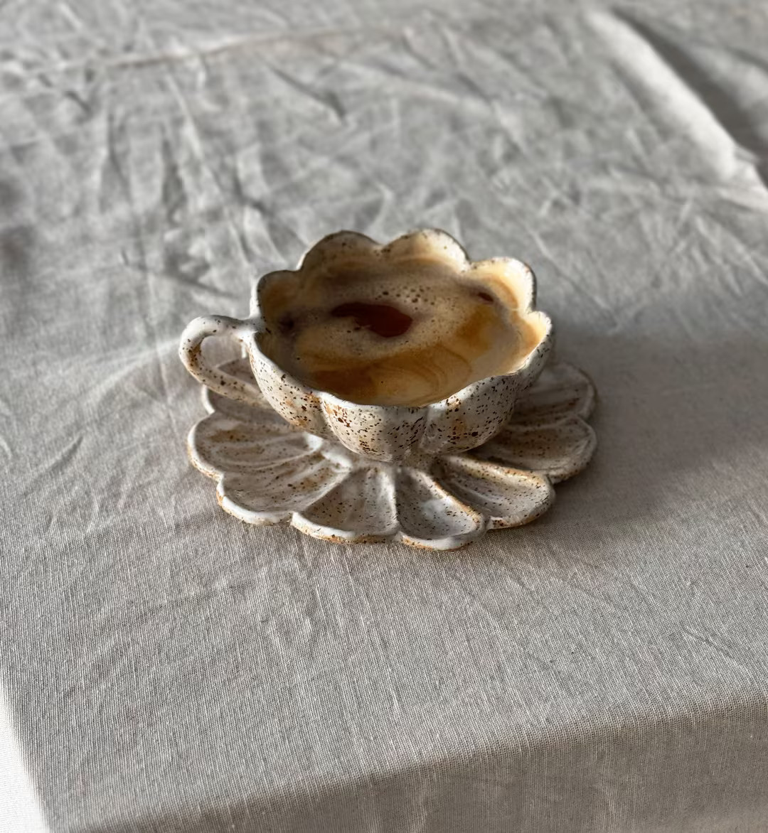 Ceramic Petal Cappuccino Cup, Pottery Earthy Mug, Rustic Minimalist Flower Shape Large Cup With S... | Etsy (US)