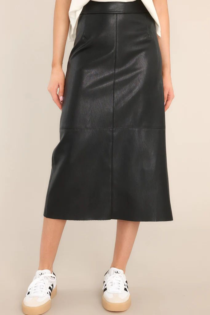 Through Open Doors Black Faux Leather Midi Skirt | Red Dress 