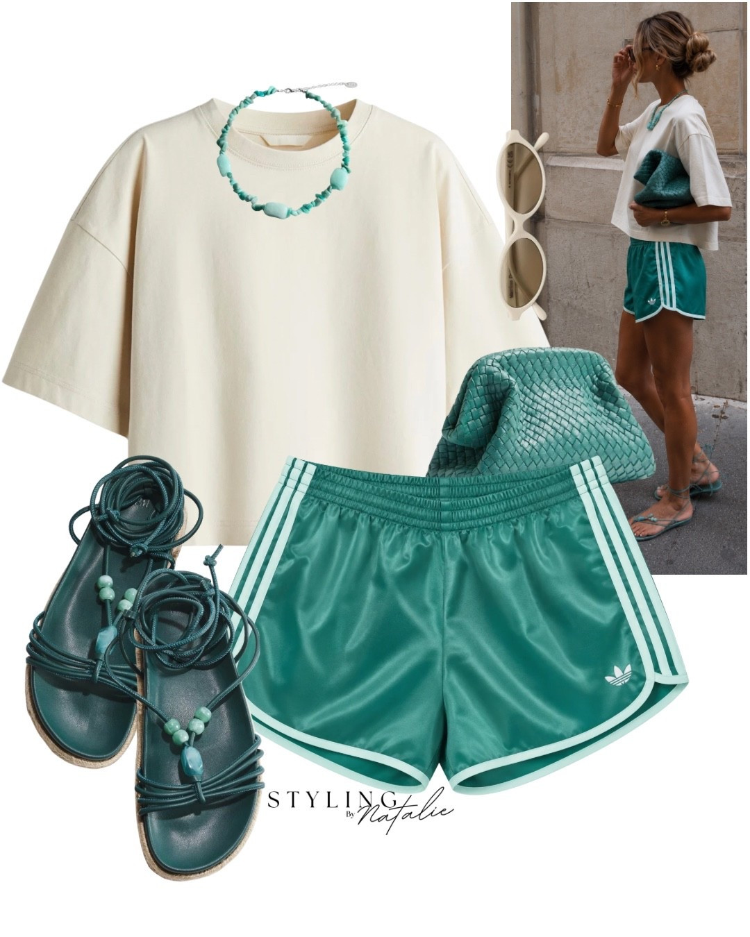 Turquoise Adidas track shorts with a cropped boxy tee, beaded espadrille sandals and turquoise woven clutch bag. 
🏷️ Adidas originals, sprinter shorts, runner shorts, summer outfit, Theodore wear, cool girl style, sporty chic, casual summer look

#LTKsummer #LTKeurope #LTKuk