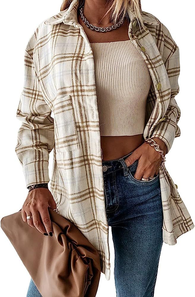 PRETTYGARDEN Women's Plaid Shirts Long Sleeve Lapel Button Down Cardigan Color Block Boyfriend Sh... | Amazon (US)