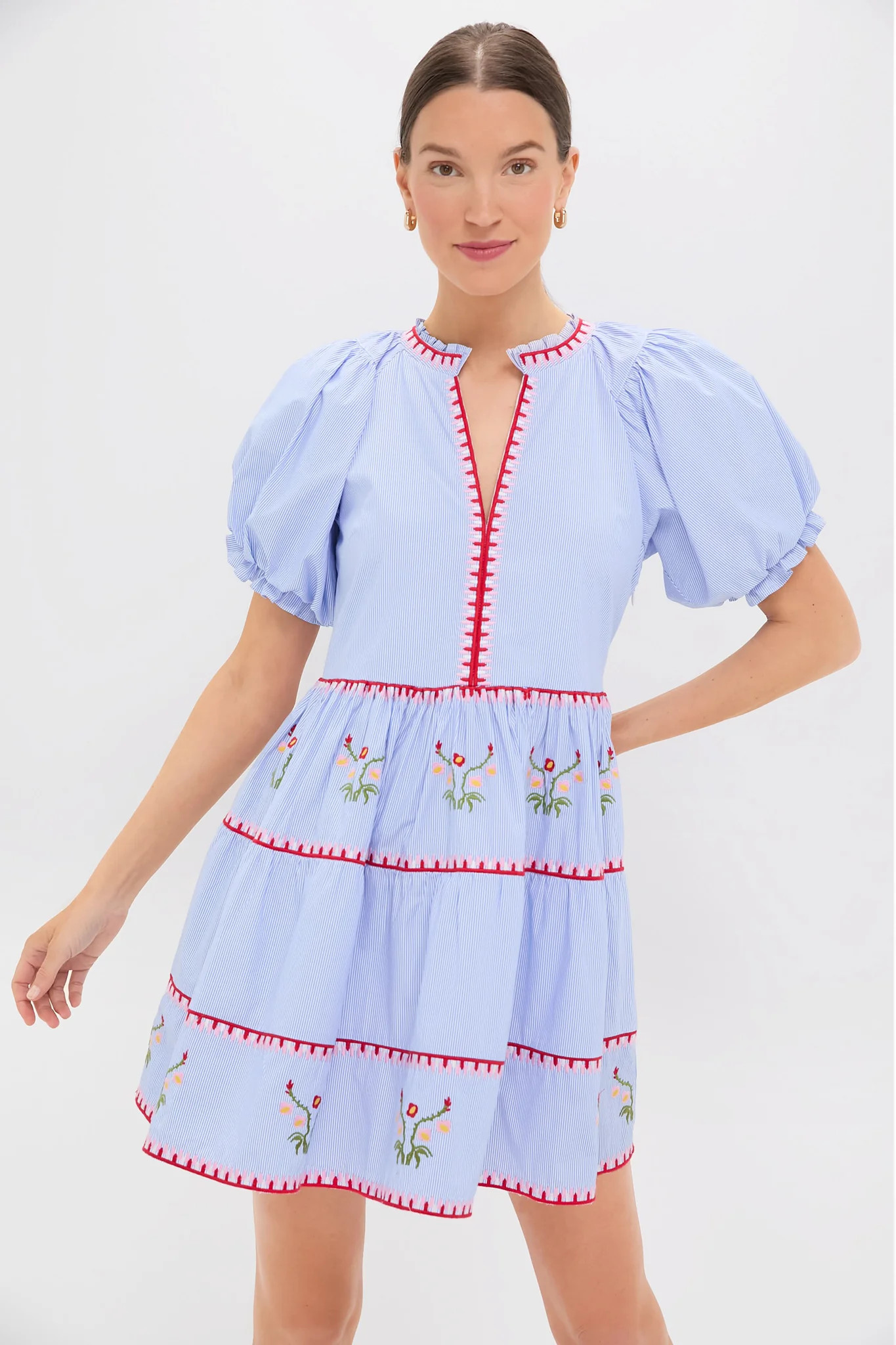 Blue Pinstripe Embroidered V-Neck Lillian Mini Dress | Tuckernuck (US)