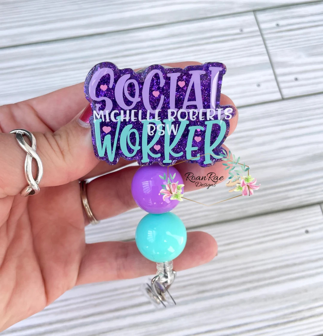 Social Worker Badge Reel, Custom ID Holder for Her, Cute Glitter Mental Health Acrylic Topper, So... | Etsy (US)