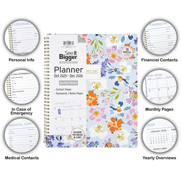 See it Bigger Monthly Weekly Planner Large (9″x 11") Oct 2025 -Dec 2026 | Walmart (US)