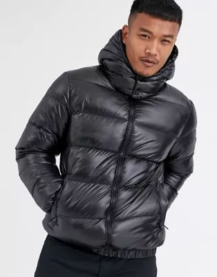 Good For Nothing hooded puffer jacket in wet look black | ASOS UK