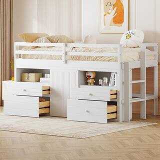 Harper & Bright Designs White Wood Frame Twin Size Loft Bed with 4 Drawers, Underneath Cabinet, S... | The Home Depot