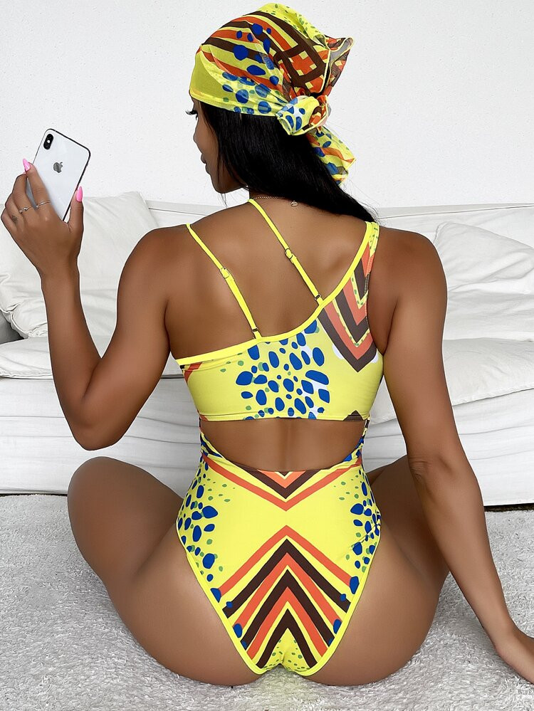 Allover Print Cut Out One Piece Swimsuit With Kerchief | SHEIN