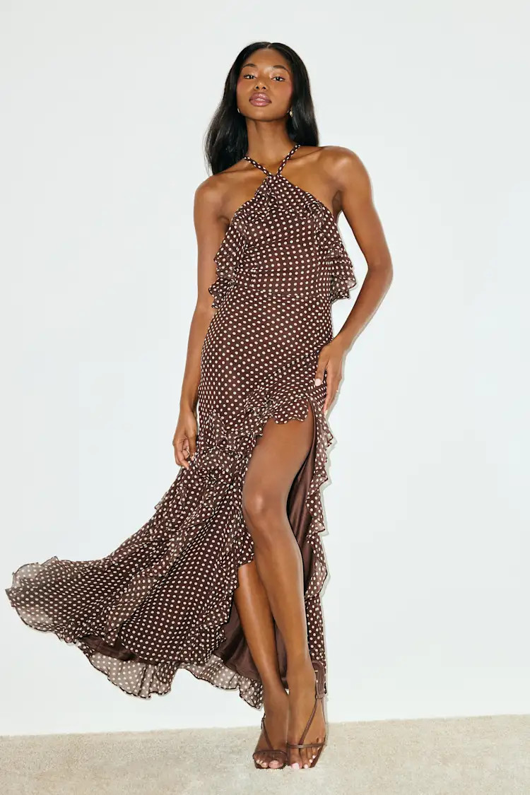 Casey Brown Polka Dot Halter Ruffled Maxi Dress | Lulus