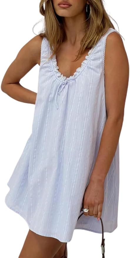 Womens Babydoll Tank Dress Y2k Lace Trim Square Neck Mini Dress Loose Aesthetic Sleeveless Flowy ... | Amazon (US)