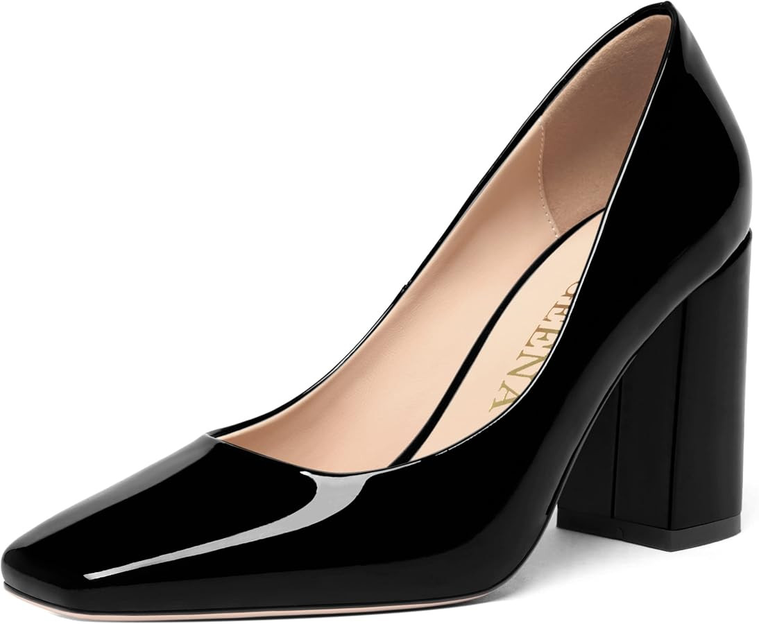 FOGEENA Womens Square Toe Slip On Sexy Patent Leather Party Block High Heel Pumps Shoes 3.34 Inch | Amazon (US)