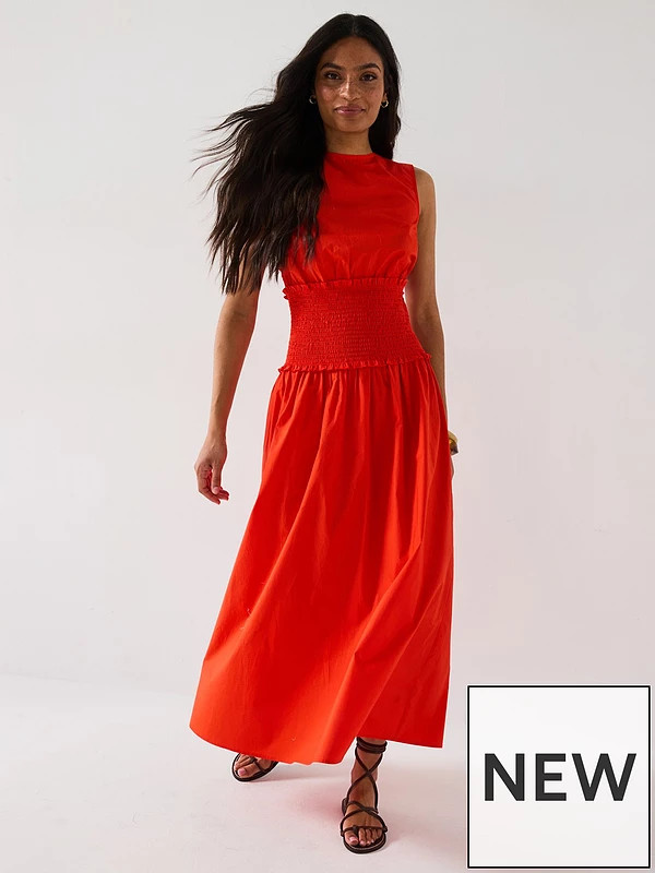 V by Very Shirred Waist Midaxi Dress - Orange | Very (UK)