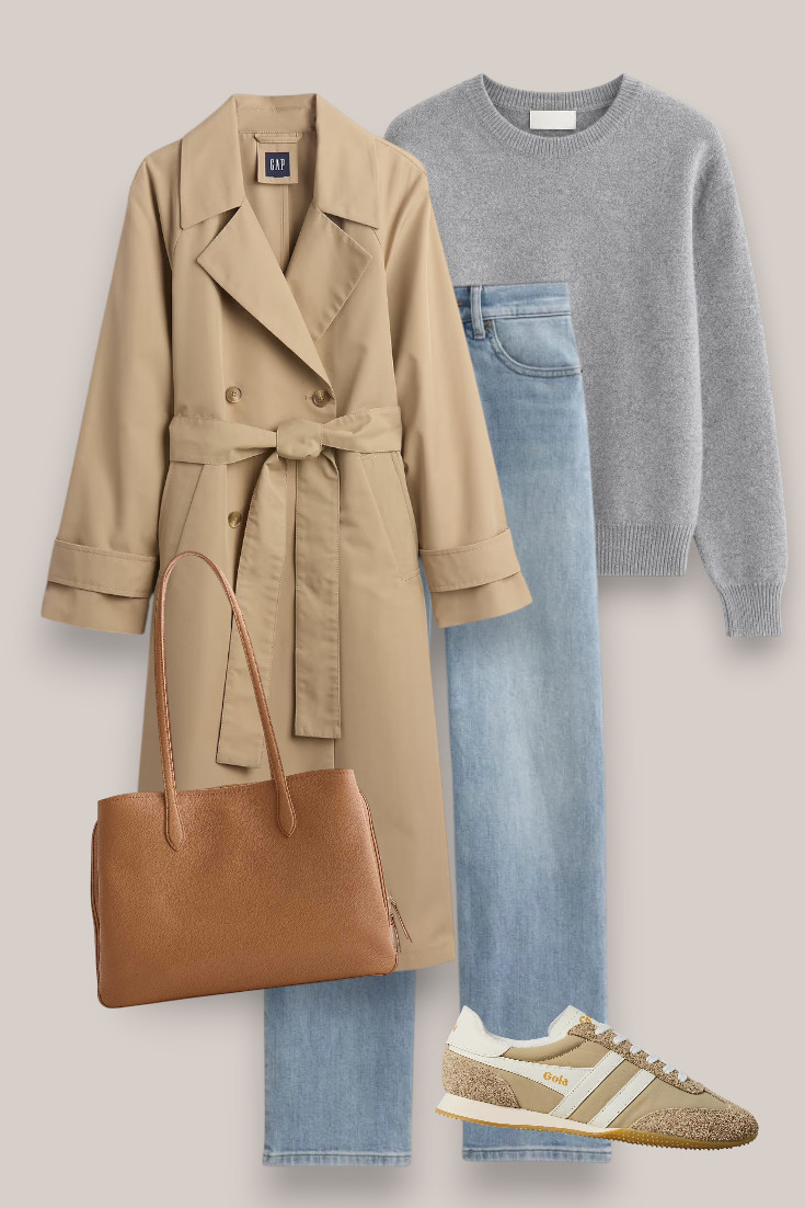 One of those effortless outfits made almost entirely from wardrobe basics: beige trench, grey knit, light-wash jeans and retro trainers. Easy, comfortable and very wearable. #trenchcoat #jeansoutfit #casualfalloutfit #wardrobebasics

#LTKautumn #LTKjeans #LTKstyletip