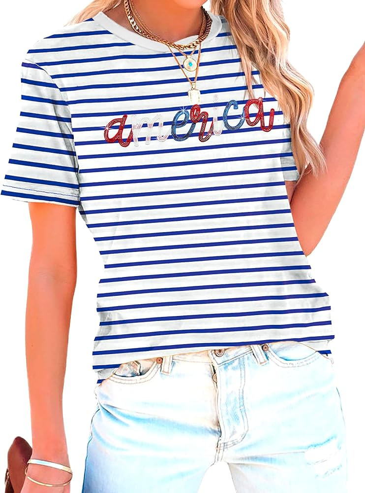 American Flag Shirt for Women Sequin USA Stripes T-Shirt 4th of July Patriotic Tee Tops | Amazon (US)
