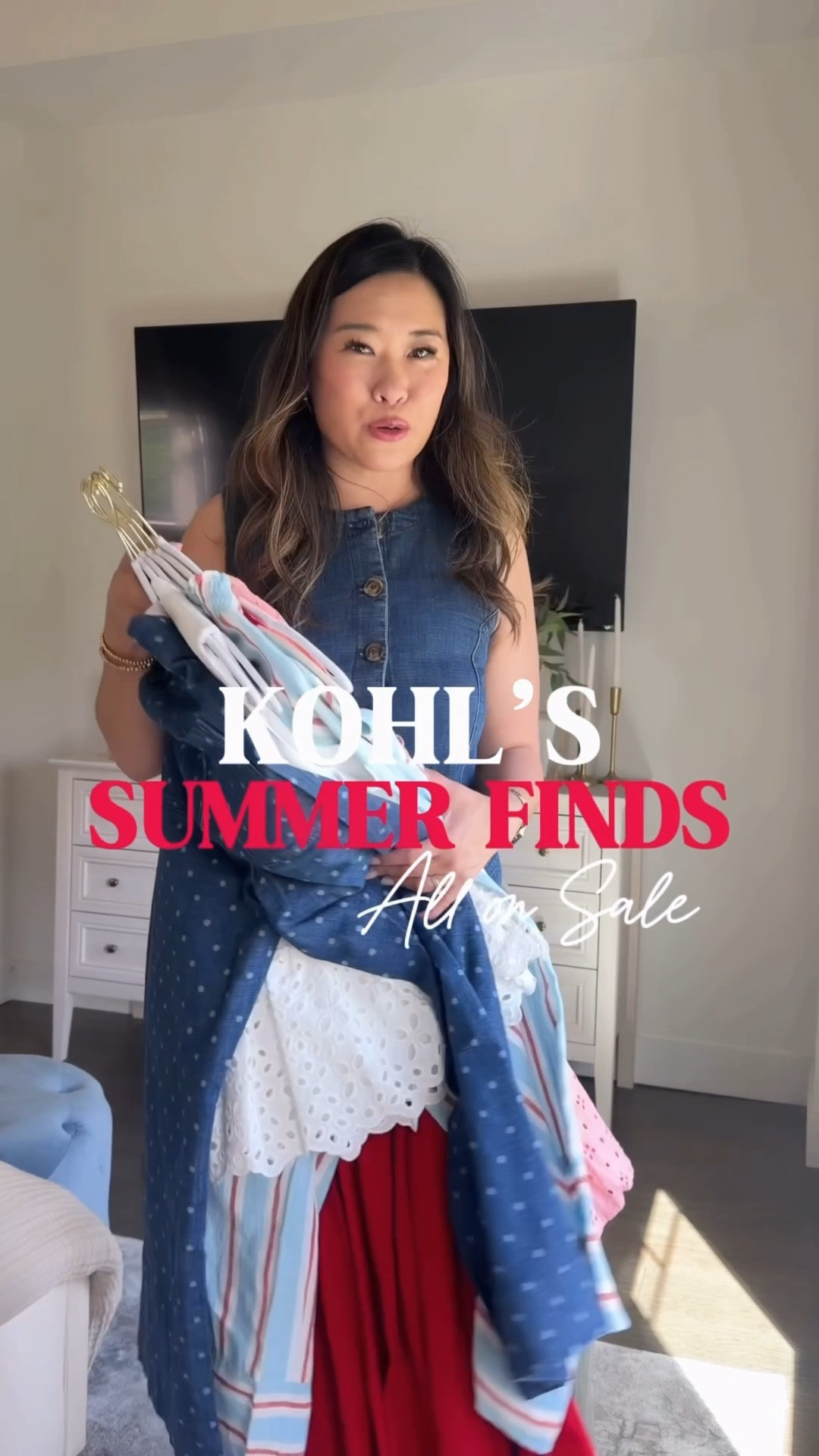 Kohl’s chic Summer outfits all on sale // Lauren Conrad collection
Denim Vest: Small
Gauze Jogger: Small
Pink Eyelet Dress: Medium
Swimsuit: Medium
Terry Coverup Set: Medium
Blue Stripe Tank: Small
Blue Stripe Pants: Medium
Lace Trim Tank: Small
Skort: Medium
Red Dress: Small (could have sized up)
Zipper Front Top: Small 
Polka Dot Pants: 8