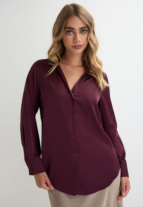 Womens Burgundy Satin Long Sleeve Shirt | Peacocks