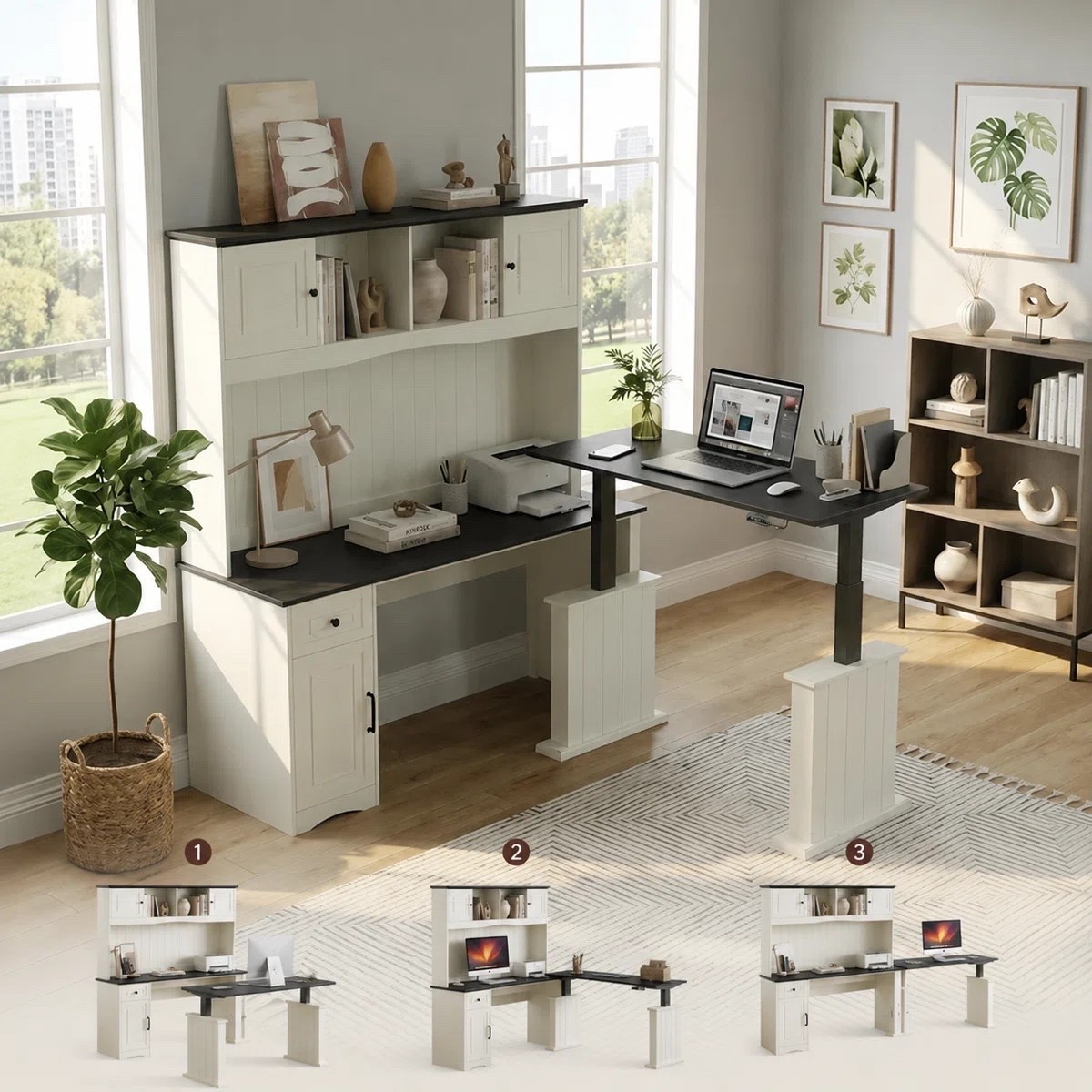 A beautiful blend of traditional charm and modern functionality. 🤍 The 60” L-Shaped Electric Standing Desk features an antique white finish, reversible configuration, hutch and storage cabinet, plus a built-in charging station—an elegant and practical solution for a sophisticated home office. ON SALE and under $500.

Ideas

* Create a polished home office or study
* Style the hutch with books, framed artwork, and decorative objects
* Use the storage cabinet to keep office essentials neatly organized
* Pair with an upholstered desk chair for a more refined look
* Add a desk lamp, greenery, and a decorative tray for a finished workspace

Keywords

* L-shaped standing desk
* electric standing desk
* L-shaped desk with hutch
* standing desk with storage
* executive home office desk
* 60 inch desk
* reversible L-shaped desk
* home office furniture
* antique white desk
* white home office desk
* farmhouse office desk
* traditional home office
* home office storage
* desk with charging station
* desk with cabinet
* desk with hutch