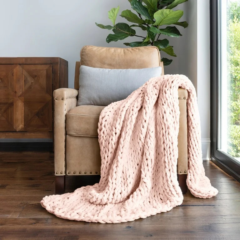 Comfort Canopy - Throw Blanket, Blush Pink Chunky Soft Acrylic Hand-Knit - Walmart.com | Walmart (US)