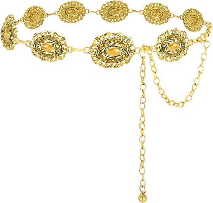Women Western Metal Chain Belt Cowgirl Waist Chain Belt for Dresses Jeans Concho Gold Chain Hip B... | Amazon (US)