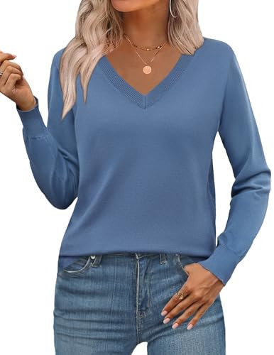 Zeagoo Women's 2025 Fall V Neck Sweater Trendy Long Sleeve Casual Lightweight Ribbed Knit Pullover Tops Blue | Amazon (US)