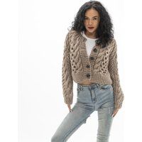 Hand Knit Oversize Woman Sweater Chunky Khaki Wool Cropped Cardigan | Etsy (US)