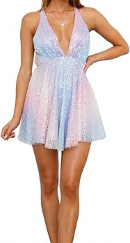 Women Glitter Sparkle Sequin Dress Sleeveless Backless Halter Deep V-Neck Loose Mini Dress Cockta... | Amazon (US)