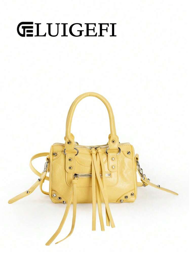 1pc Yellow Patchwork Rivet Studded Metal Tassel Zipper Decor Retro PU Material Strap Decor Rivet Studded Dual Handle Adjustable Long Shoulder Strap Zipper Closure Fashion Retro Sweet Cool Punk Style Motorcycle Bag Y2K Punk Style Square Bag Women Handbag Casual Low-Key Luxury Style Women Crossbody Bag Suitable For Daily Travel Shopping Etc. , Punk, Bags Ladies Elegant, Yellow | SHEIN