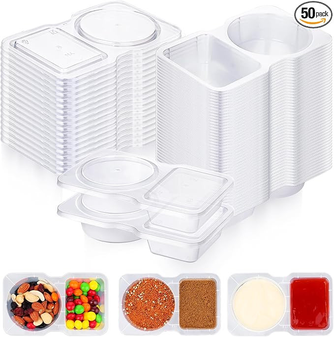 50 Pack Double Compartment Condiment Containers with Lids, Disposable 2 Compartment Snack Contain... | Amazon (US)