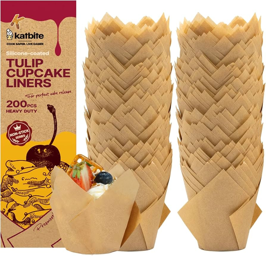 Katbite Tulip Cupcake Liners 200PCS, Muffin Baking Cups ProSmooth Brown | Amazon (US)