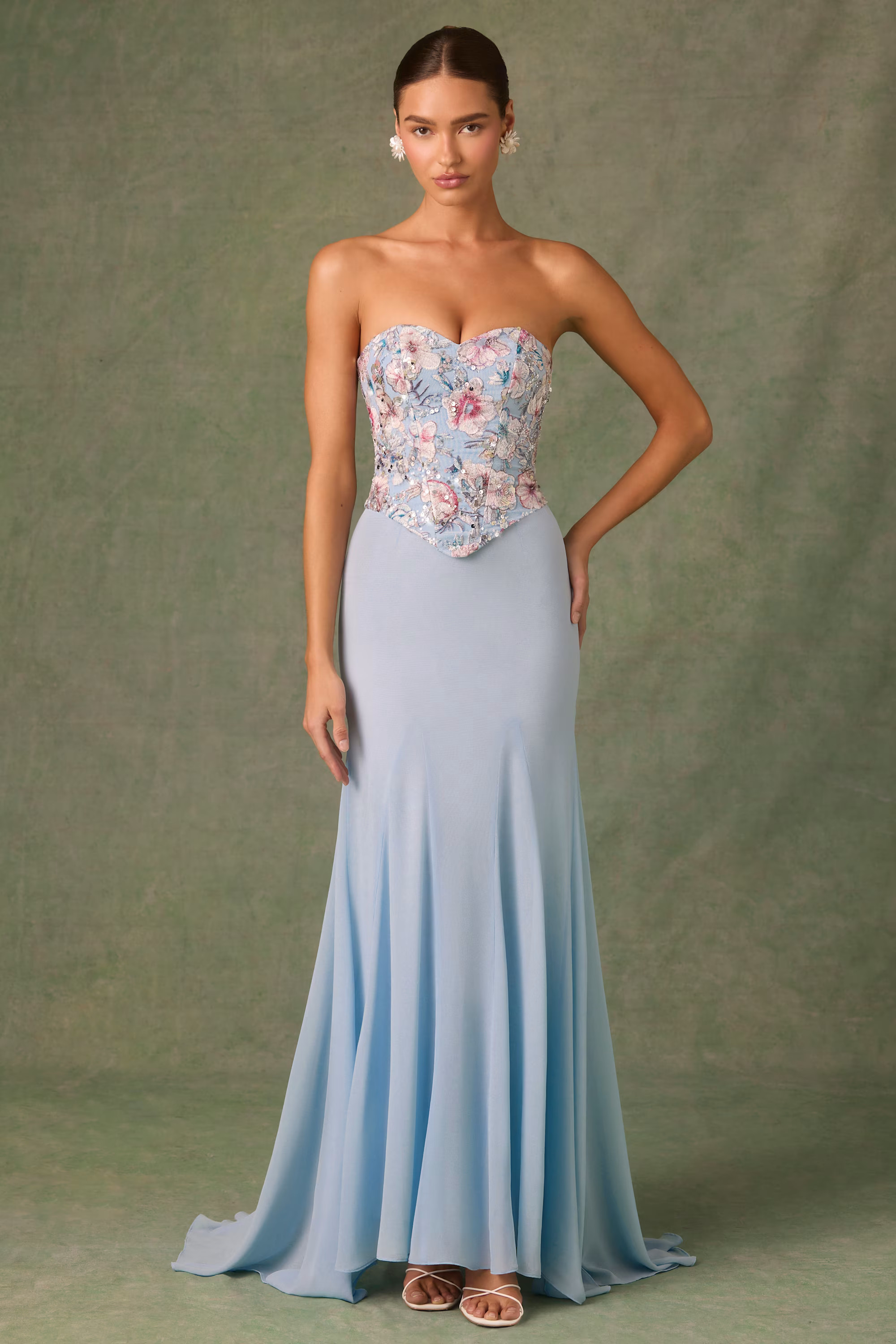Embellished Corset Fishtail Gown in Floral Blue | Oh Polly