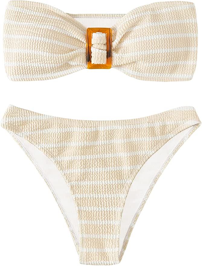 GORGLITTER Women's 2 Piece Striped Swimsuit Strapless Bandeau High Waisted Thong Bikini Set Bathi... | Amazon (US)