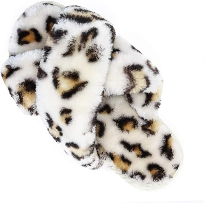 ISZPLUSH Womens House Fuzzy Slippers Leopard Cross Band Soft Plush Fluffy Slippers Furry Fleece S... | Amazon (US)