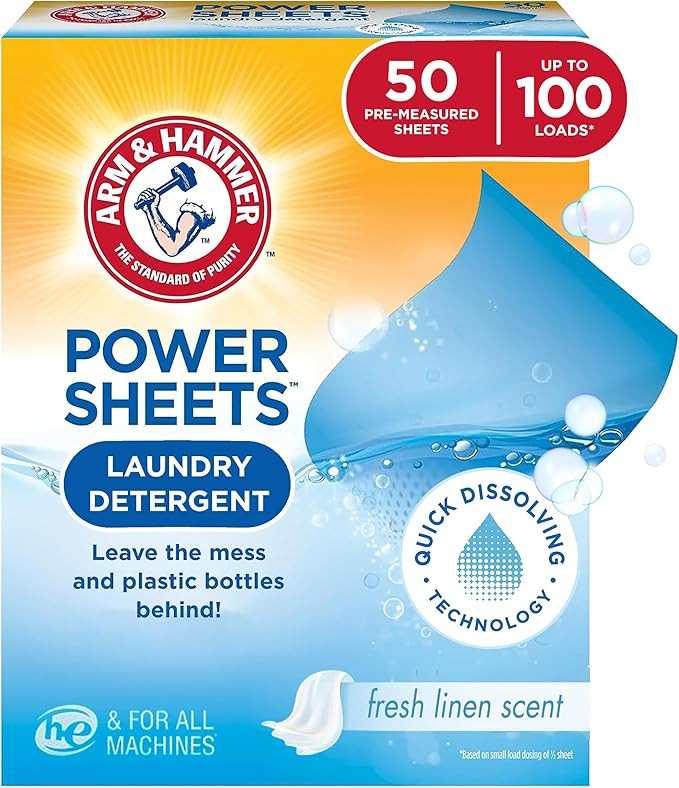 Arm & Hammer Power Sheets Laundry Detergent, Fresh Linen 50ct, up to 100 Small Loads (Packaging m... | Amazon (US)