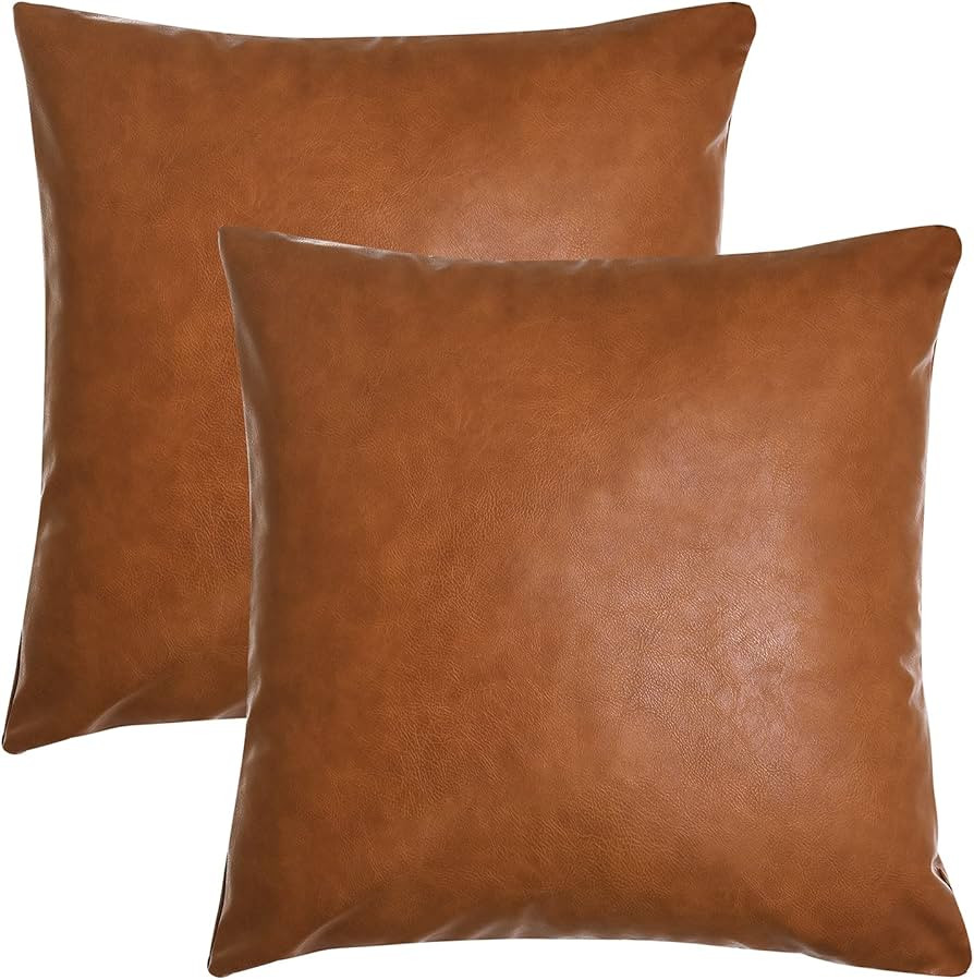 Tosewever Faux Leather Throw Pillow Covers, 18 x 18 inch Set of 2 Luxury Cognac Brown Modern Pill... | Amazon (US)