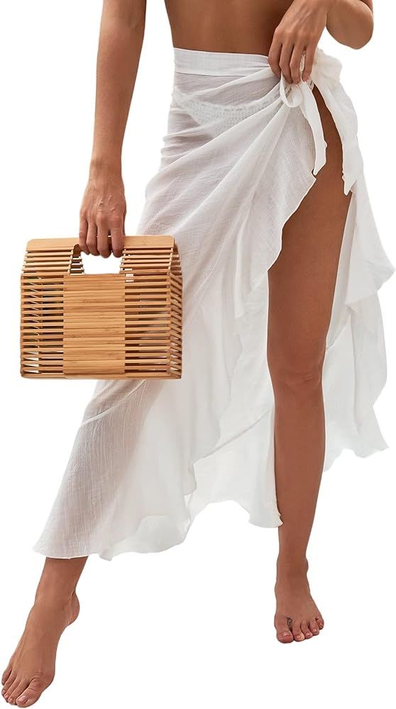 OYOANGLE Women's Mesh Sheer Swimsuit Cover Up Ruffle Tie Side Beach Sarong Wrap Long Skirt | Amazon (US)