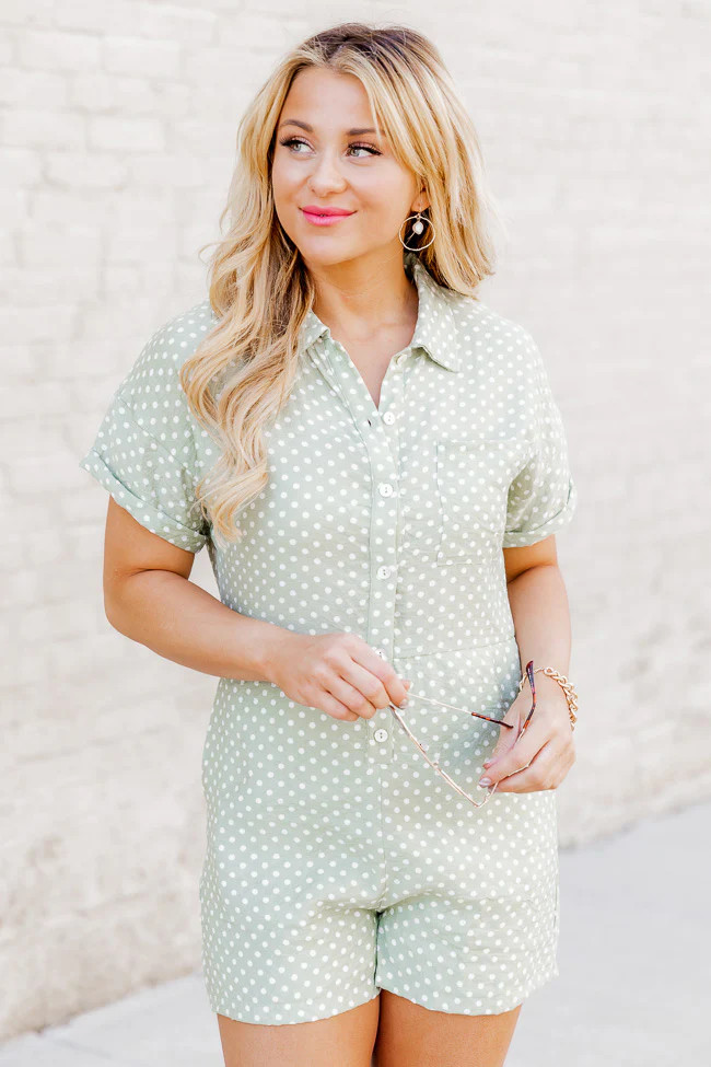 Comes And Goes Sage Polka Dot Button Up Romper | Pink Lily