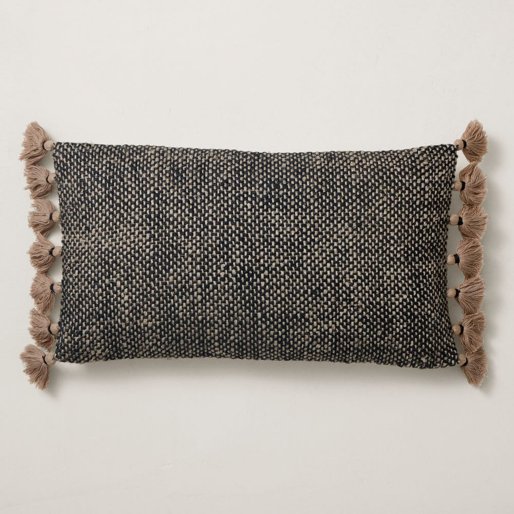 Two Tone Chunky Linen Tassels Pillow Cover, 12&amp;quot;x21&amp;quot;, Black | West Elm (US)