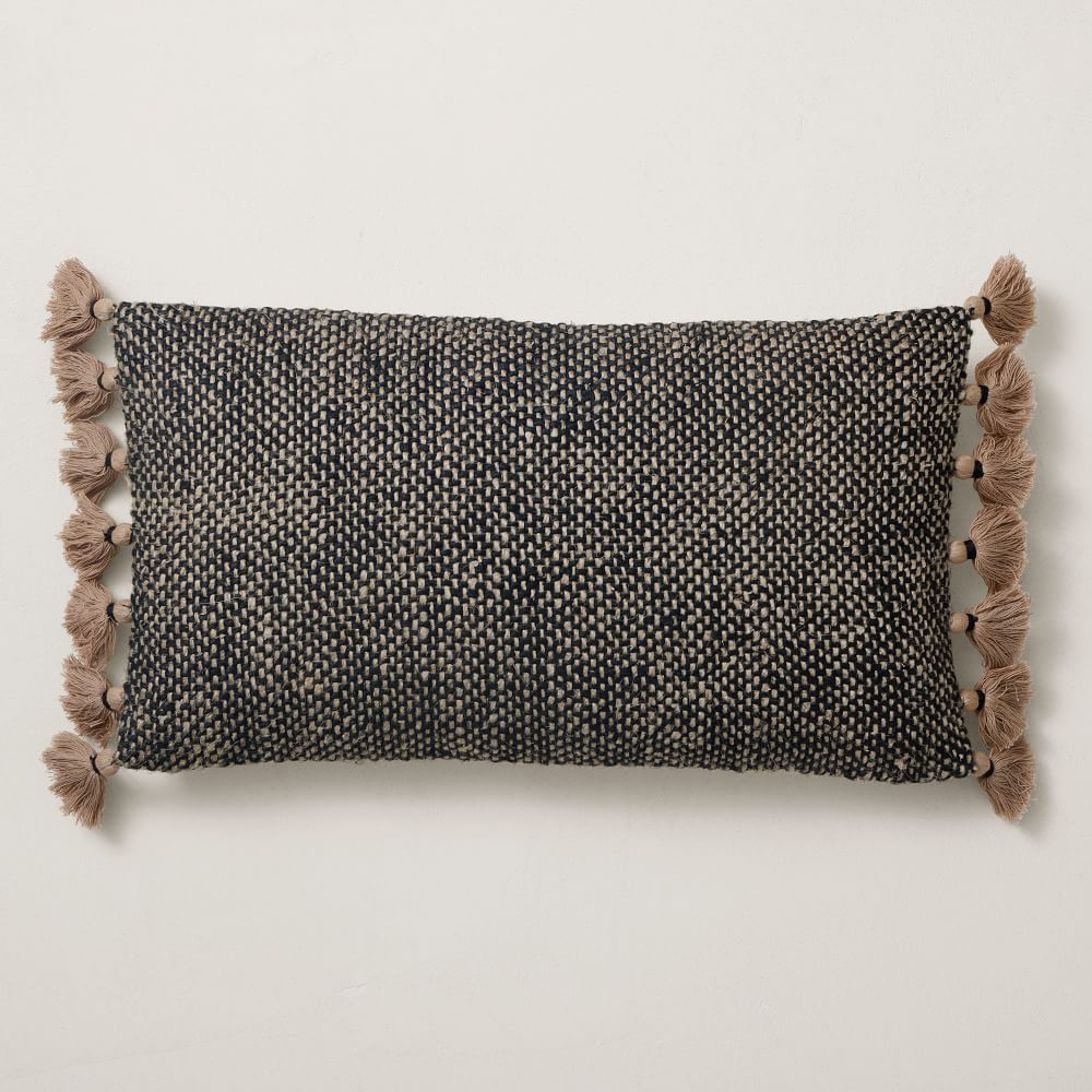 Two Tone Chunky Linen Tassels Pillow Cover, 12&amp;quot;x21&amp;quot;, Black | West Elm (US)