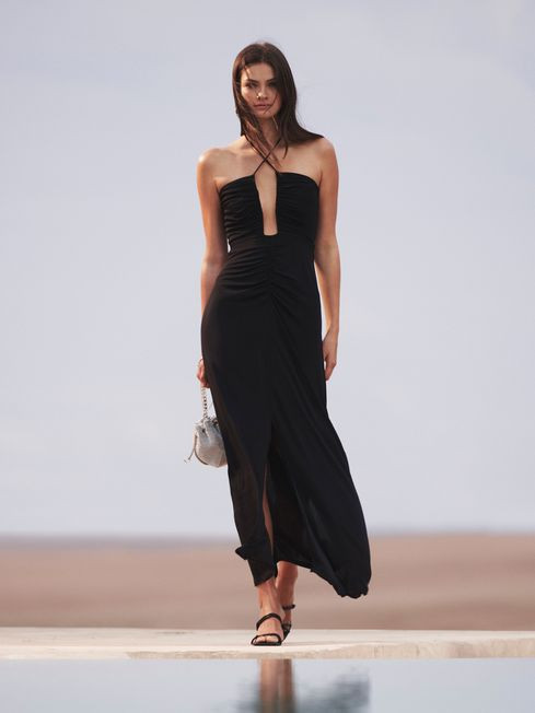Reiss Black Lana Plunge Neck Halter Maxi Dress | Reiss UK