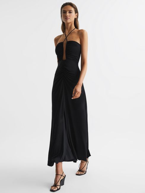 Reiss Black Lana Plunge Neck Halter Maxi Dress | Reiss UK