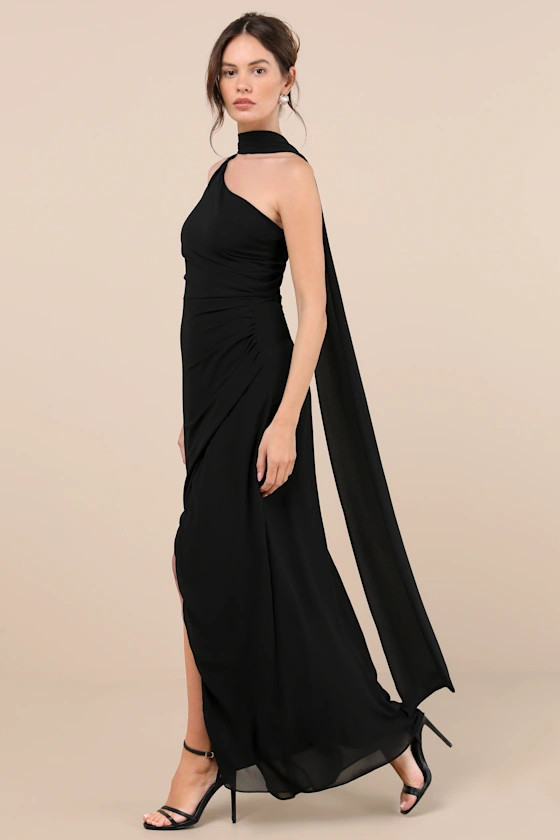 Adeline Black One-Shoulder Scarf Maxi Dress | Lulus