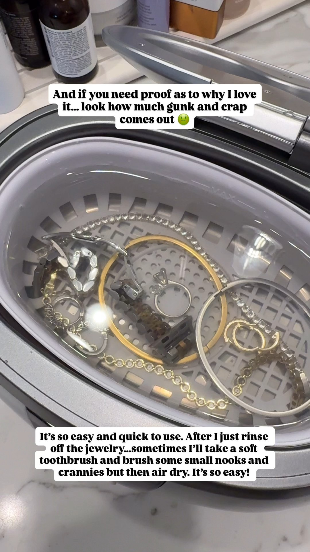 Honestly the best purchase I’ve ever made. Cleans out so much gunk and so convenient. Love that I don’t have to take my rings in to clean either. 
Linking both the jewelry cleaner and solution too! 

#LTKBeauty #LTKmomlife #LTKmorningroutine