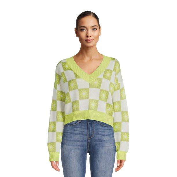 Madden NYC Juniors V-Neck Jacquard Sweater, Midweight | Walmart (US)