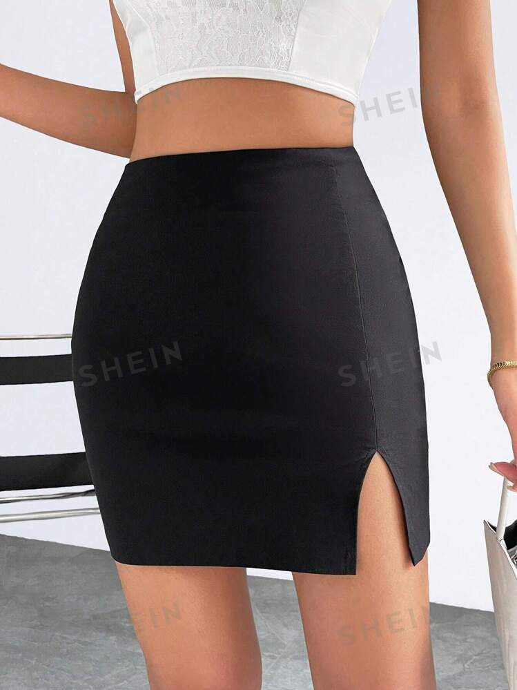 SHEIN Privé Solid Split Hem Bodycon Mini Black Skirt | SHEIN