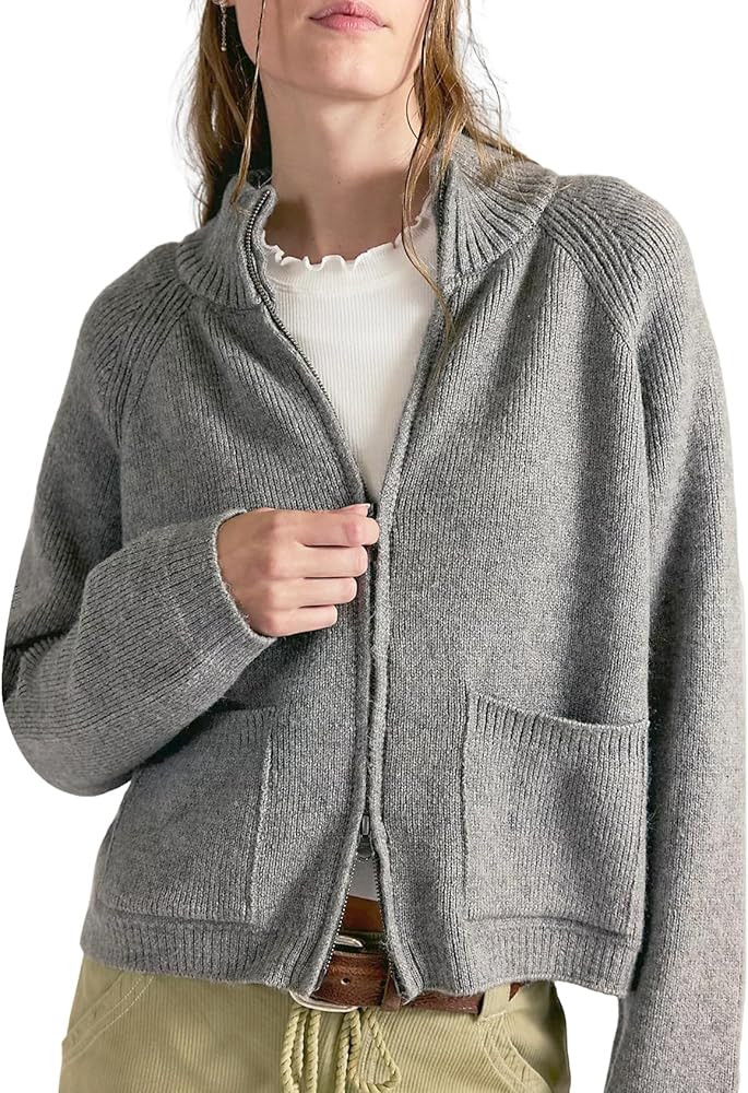 Wyeysyt Zip Up Sweaters for Women Cropped Chunky Cardigan Mock Neck Long Sleeve Ribbed Knit Cardi... | Amazon (US)